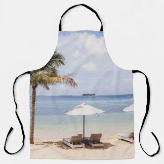 Tropical beach umbrellas: white, palm. apron