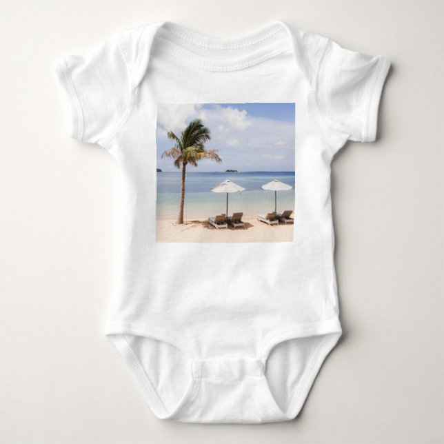 Tropical beach umbrellas: white, palm. baby bodysuit (Front)