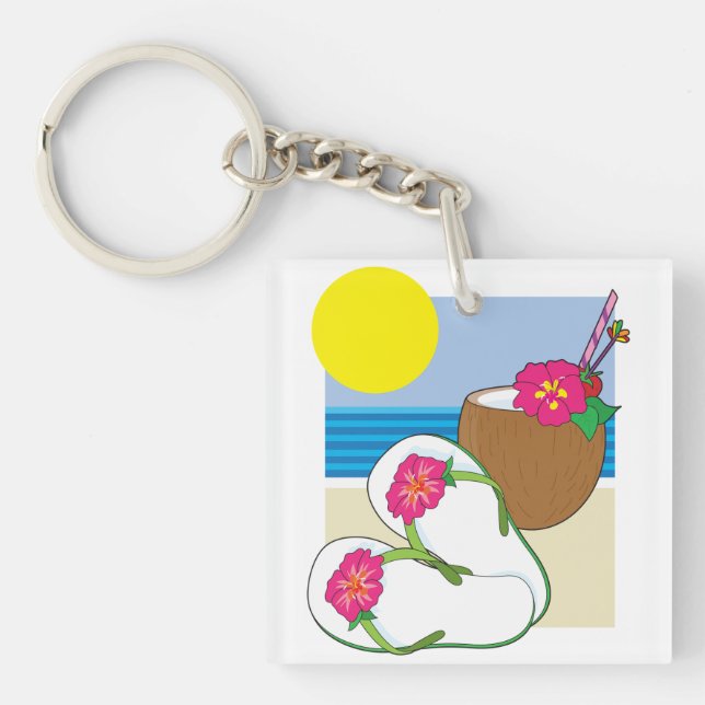 Tropical Beach Vacation Coconut Flowers Flip Flops Key Ring (Front)