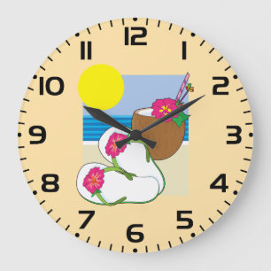 Tropical Beach Vacation Coconut Flowers Flip Flops Large Clock