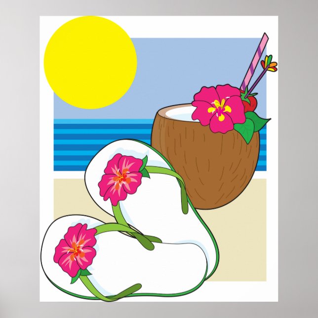 Tropical Beach Vacation Coconut Flowers Flip Flops Poster (Front)