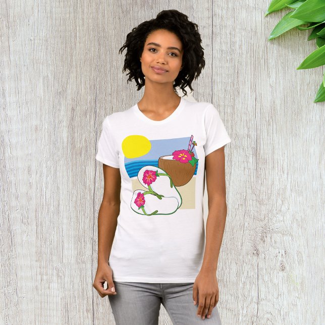 Tropical Beach Vacation Coconut Flowers Flip Flops T-Shirt (Creator Uploaded)