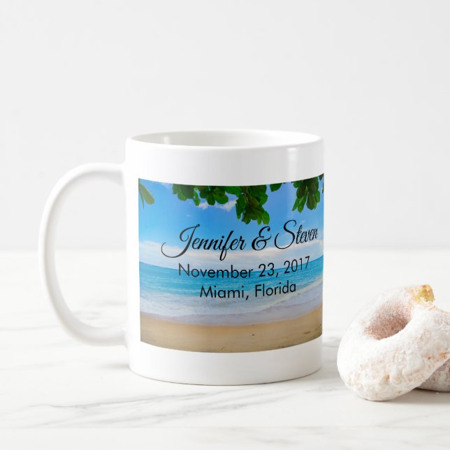 Tropical Beach Vacation Island Wedding Coffee Mug (With Donut)