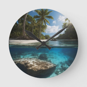 Tropical Beach View Ocean Above round clock