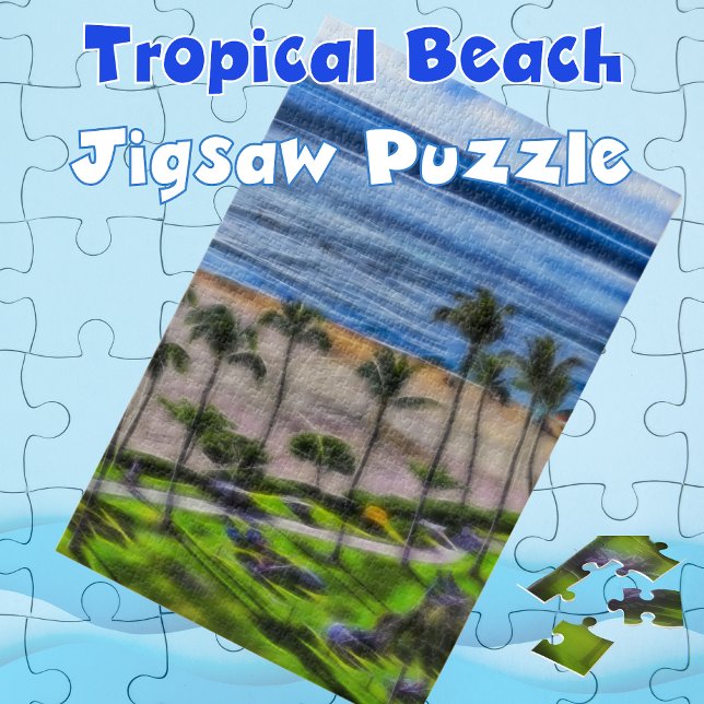 Tropical Beach View Palm Trees Art Jigsaw Puzzle (Tropical Beach Palm Trees Jigsaw Puzzle)