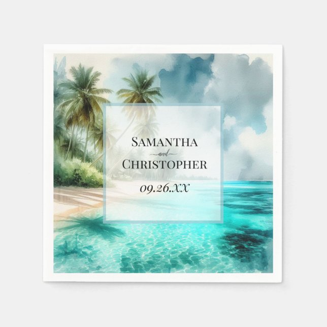 Tropical Beach Watercolor Elegant Coastal Wedding Napkin (Front)