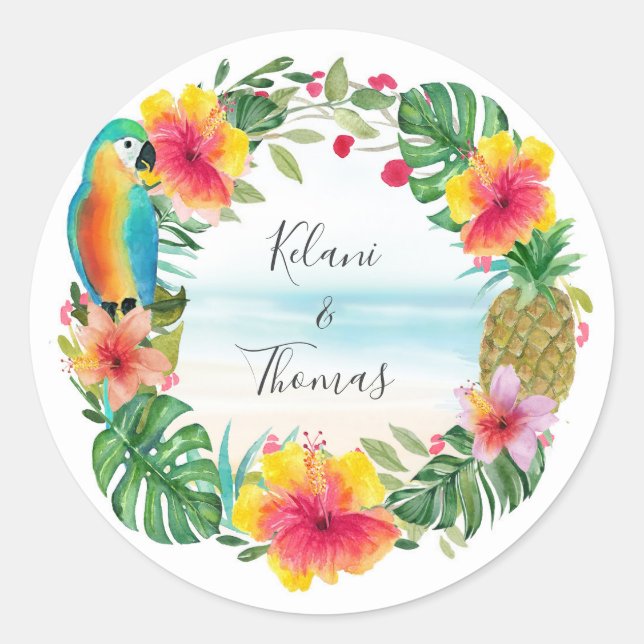 Tropical Beach Watercolor Floral Wreath Classic Round Sticker (Front)