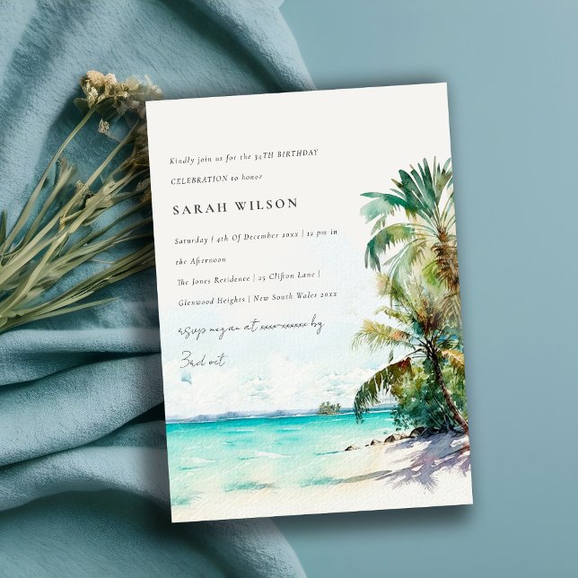 Tropical Beach Watercolor Palm Tree Birthday Invitation (Creator Uploaded)