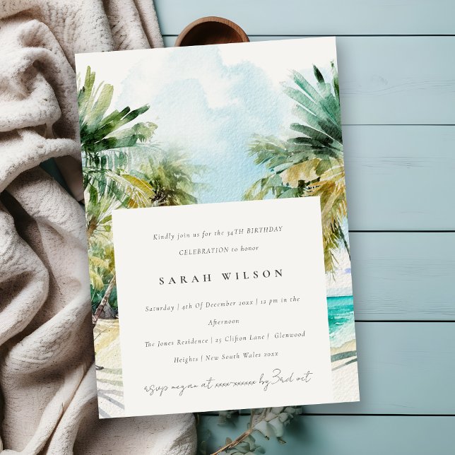 Tropical Beach Watercolor Palm Tree Birthday Invitation (Creator Uploaded)