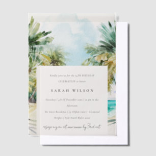 Tropical Beach Watercolor Palm Tree Birthday Vellum Invitations
