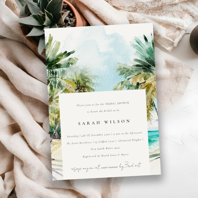 Tropical Beach Watercolor Palm Tree Bridal Shower Invitation (Creator Uploaded)