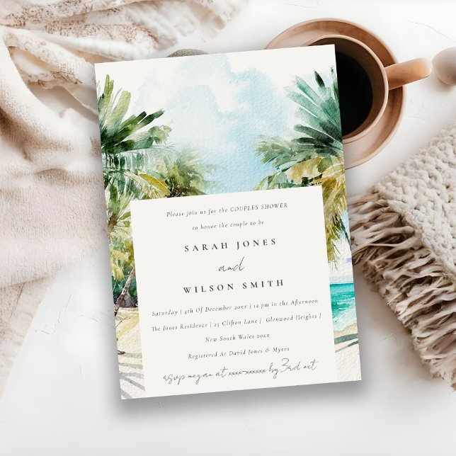 Tropical Beach Watercolor Palm Tree Couples Shower Invitation (Creator Uploaded)