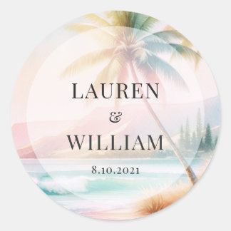 Tropical Beach Watercolor Palm Tree Wedding Classic Round Sticker