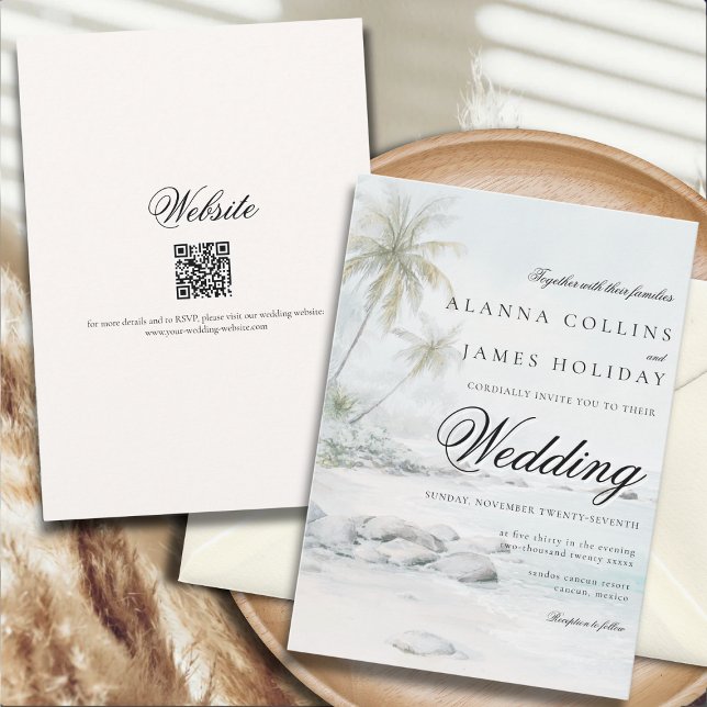 Tropical Beach Watercolor Palm Tree Wedding Invitation (Creator Uploaded)