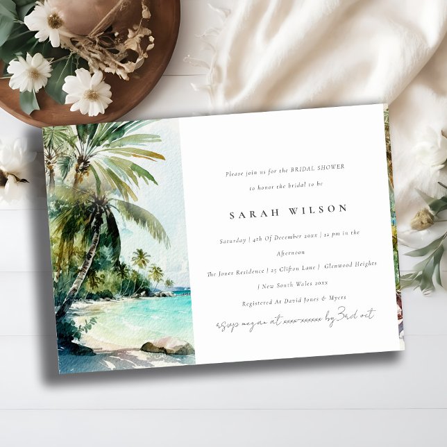 Tropical Beach Watercolor Palm Trees Bridal Shower Invitation (Creator Uploaded)