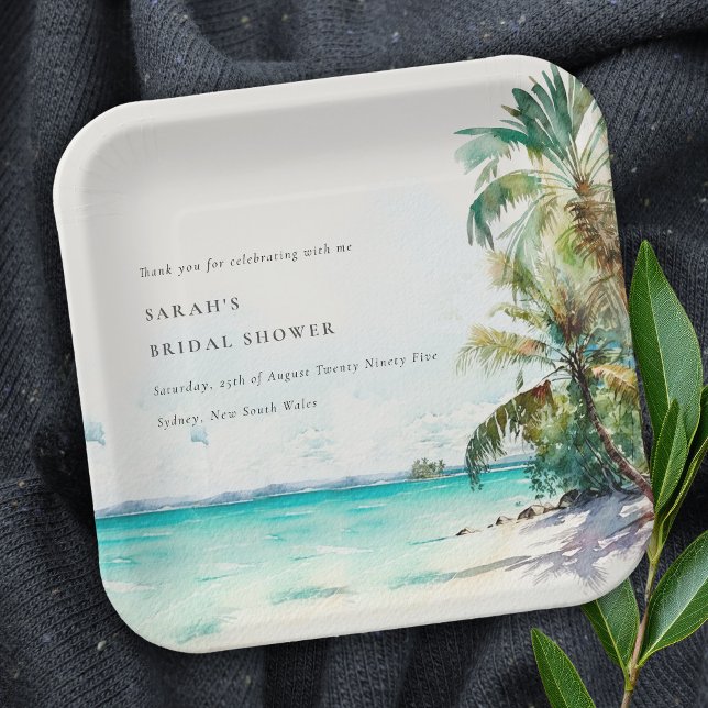 Tropical Beach Watercolor Palm Trees Bridal Shower Paper Plate (Creator Uploaded)