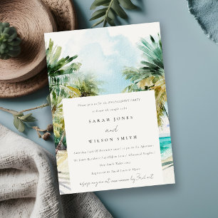 Tropical Beach Watercolor Palm Trees Engagement Invitation