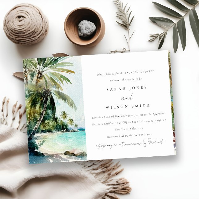 Tropical Beach Watercolor Palm Trees Engagement Invitation (Creator Uploaded)
