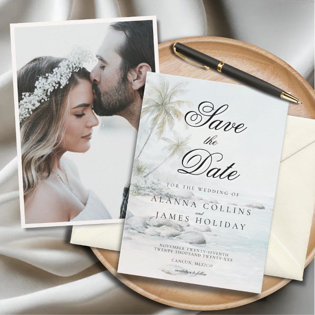 Tropical Beach Watercolor Photo Save the Date  Invitation (Beach-themed “Save the Date” card for Alanna Collins and James Holiday beside a wedding photo.)