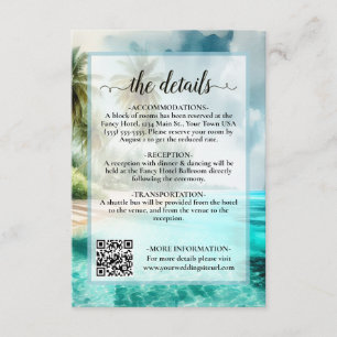 Tropical Beach Watercolor Wedding Details QR Code Enclosure Card