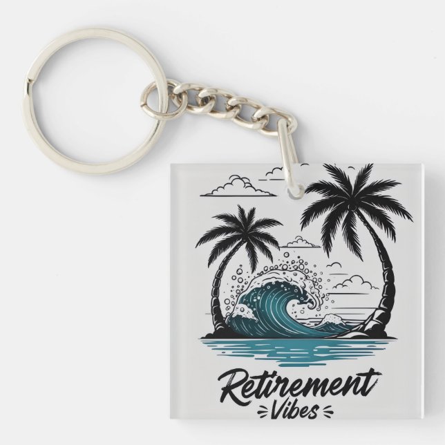 Tropical Beach Wave & Palm Tree Key Ring (Front)