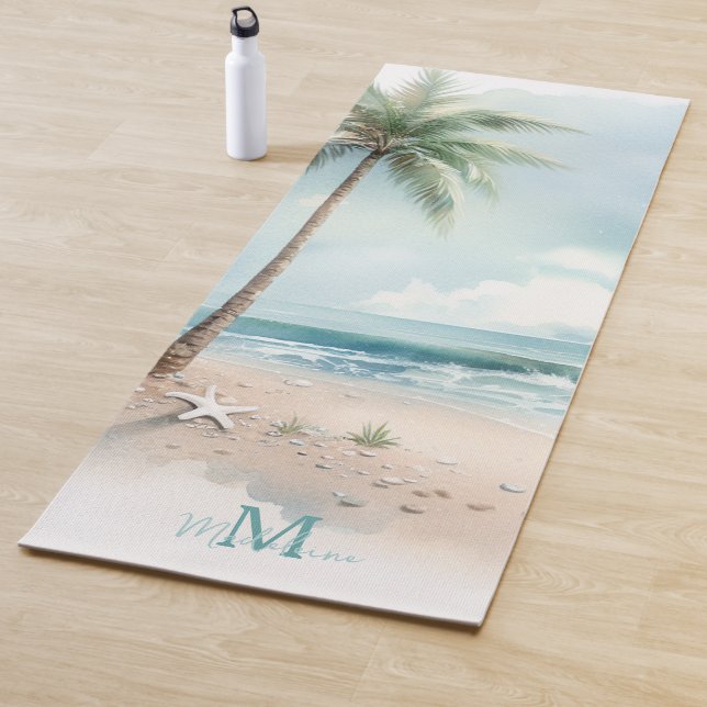 Tropical Beach Waves Palm Tree Zen Name Monogram Yoga Mat (In Situ)