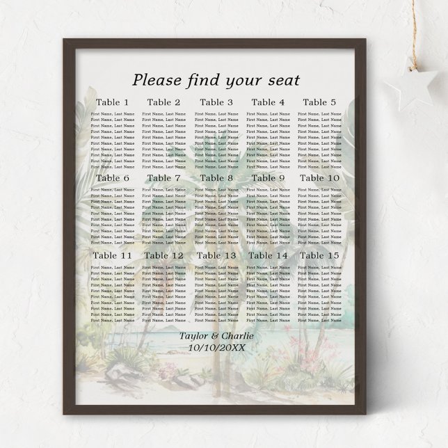 Tropical Beach Wedding 15 Tables Seating Chart (Creator Uploaded)