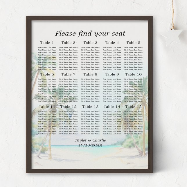 Tropical Beach Wedding 15 Tables Seating Chart (Creator Uploaded)