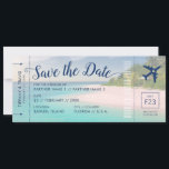 Tropical Beach Wedding Boarding Pass Save the Date Announcement<br><div class="desc">A boarding pass plane ticket beach destination wedding save the date card with a sandy shoreline and turquoise teal blue ocean water and a lush green tropical island palm tree grove. Click “Customize” for advanced exiting of the design such as changing text color, font, and placement, and card background and...</div>