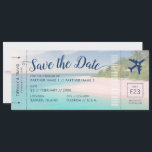 Tropical Beach Wedding Boarding Pass Save the Date Announcement<br><div class="desc">A boarding pass plane ticket beach destination wedding save the date card with a sandy shoreline and turquoise teal blue ocean water and a lush green tropical island palm tree grove. Click “Customize” for advanced exiting of the design such as changing text color, font, and placement, and card background and...</div>