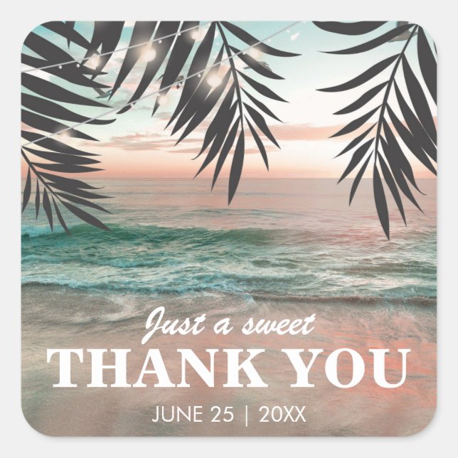 Tropical Beach Wedding Favour | String of Lights Square Sticker (Front)