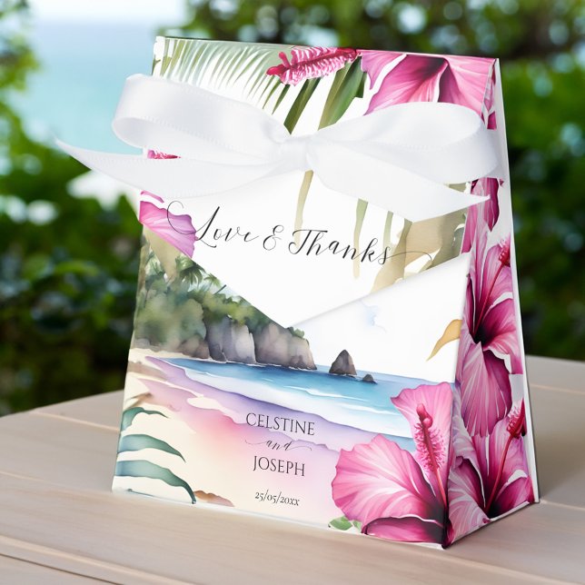 Tropical beach wedding favours personalised  favour box (Tropical beach wedding favors personalized favor box tropical island pink hibiscus favor box)