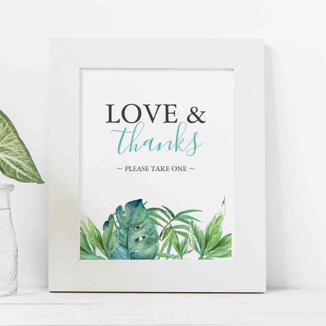 Tropical Beach Wedding Favours Sign (tropical beach wedding favors sign with watercolor palm leaves and love and thanks)