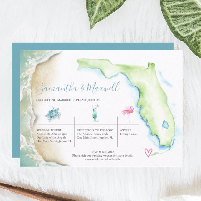 Tropical Beach Wedding Illustrated Watercolor Invitation (Florida wedding invitations features watercolor coastal art by Victoria Grigaliunas)