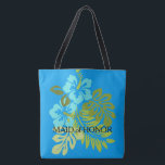 Tropical Beach wedding Maid of honour custom name Tote Bag<br><div class="desc">Modern Tropical Beach wedding bag. Tropical plants,  flowers,  hibiscus,  ocean blue,  Maid of Honour,  name at the back.
You can easily change the name at the back.</div>