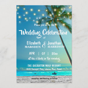 Tropical Beach Wedding Palms String Lights Modern Invitation