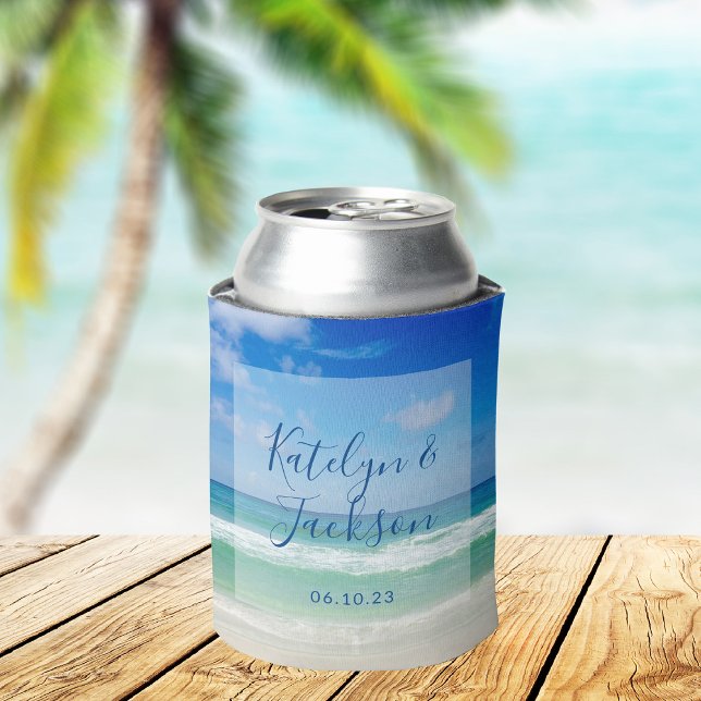 Tropical Beach Wedding Personalised Ocean Can Cooler (Creator Uploaded)