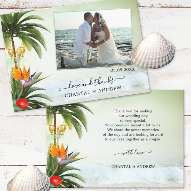 Tropical Beach Wedding Photo Thank You Card (Creator Uploaded)