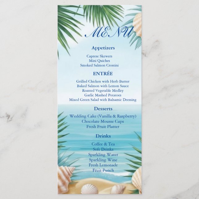 Tropical Beach Wedding Reception Menu Card (Front)