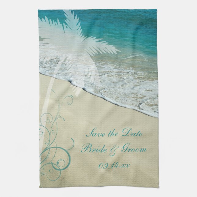 Tropical Beach Wedding Save the Date Tea Towel (Vertical)