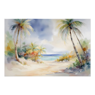 Tropical Beach White Sands, Palm Trees, Serene Joy Poster