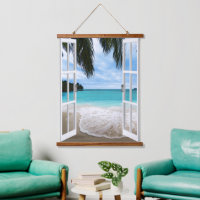 Tropical Beach Window Ocean View Wall Tapestry