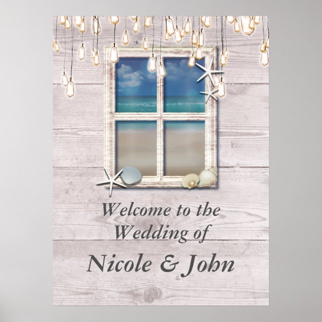 Tropical Beach Window White Wood Banner Poster (Front)