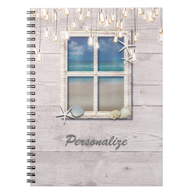Tropical Beach Window White Wood Elegant Chic Spiral Notebook (Front)