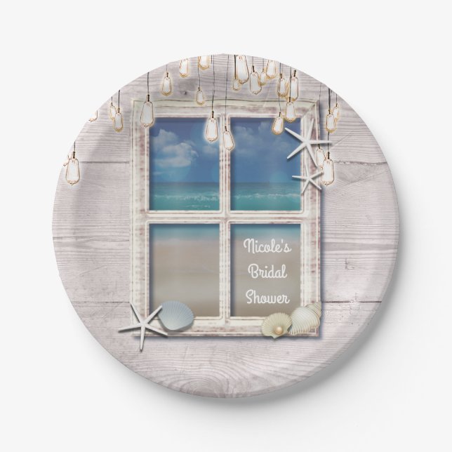 Tropical Beach Window White Wood Elegant Coastal Paper Plate (Front)