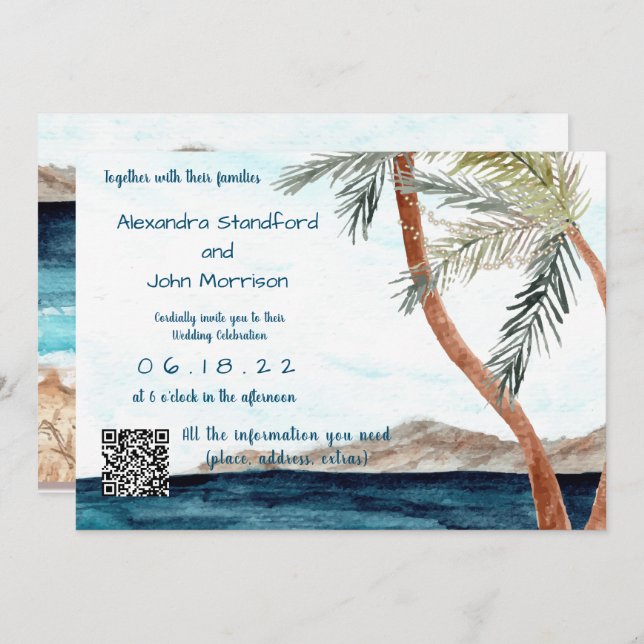 Tropical Beach with Lights Wedding Invitation (Front/Back)