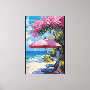 Tropical Beach with Lounge Chairs and Umbrella Canvas Print