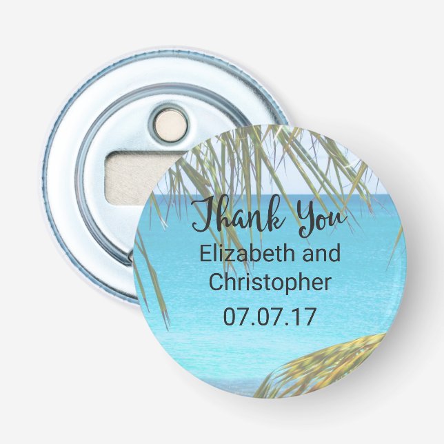 Tropical Beach with Palm Fronds Wedding Thanks Bottle Opener (Front)