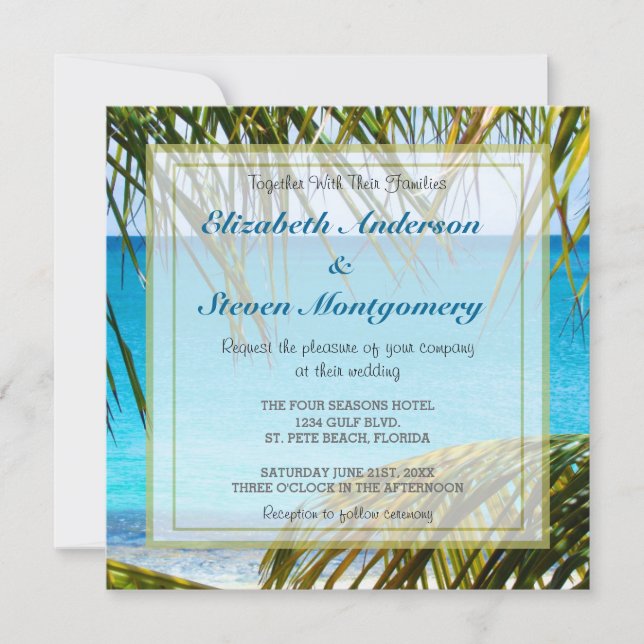 Tropical Beach with Palm Fronds Wedding Website Invitation (Front)