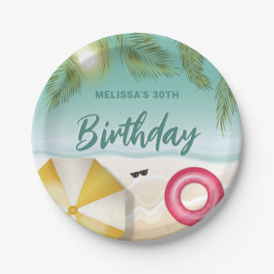 Tropical Beach With Palm Leaves Summer Birthday Paper Plate
